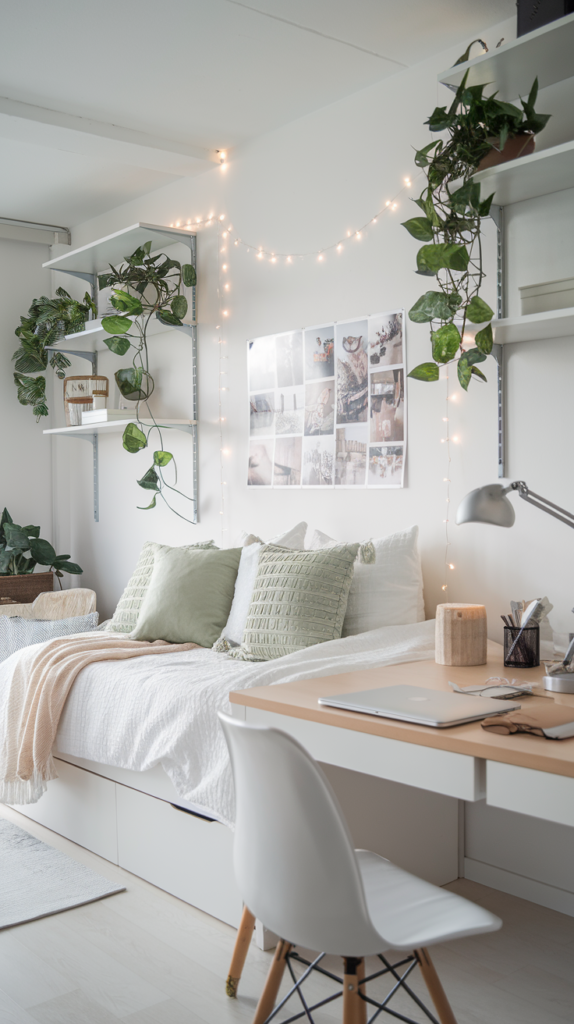 Floating shelves in dorm room