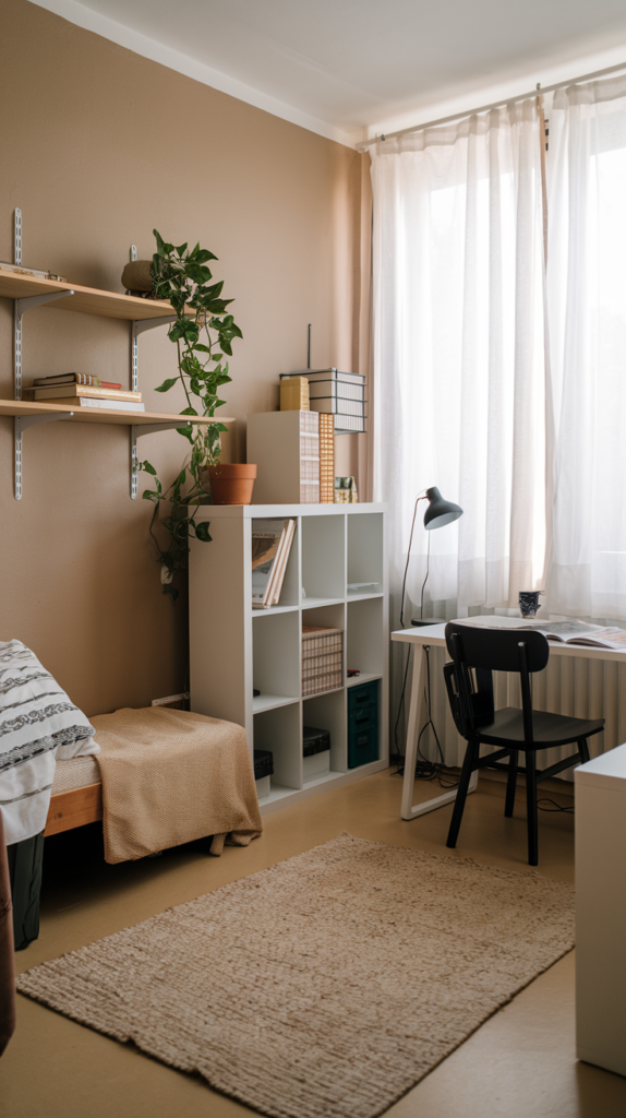 Neutral area rug in dorm