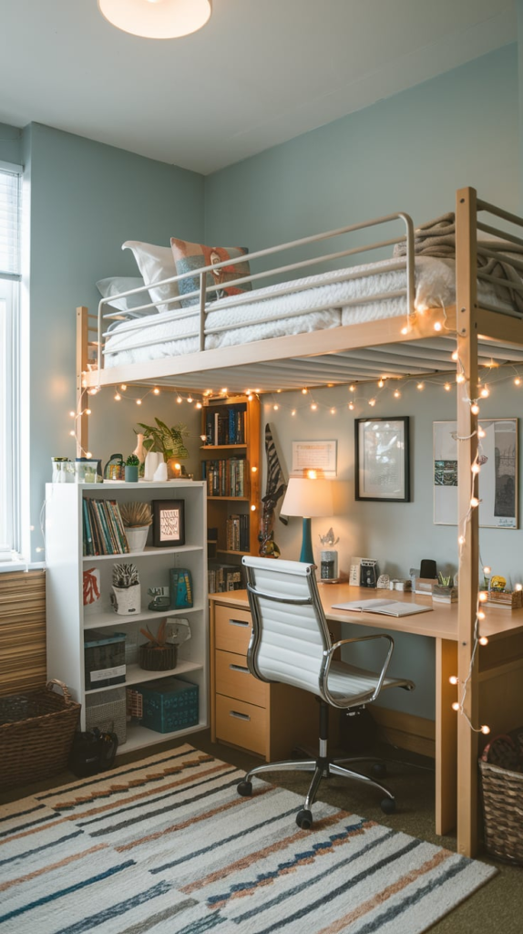 Floating shelves in dorm room