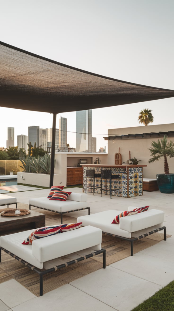 Rooftop terrace with seating and fire pit
