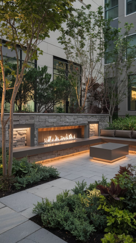 Sleek built-in fireplace