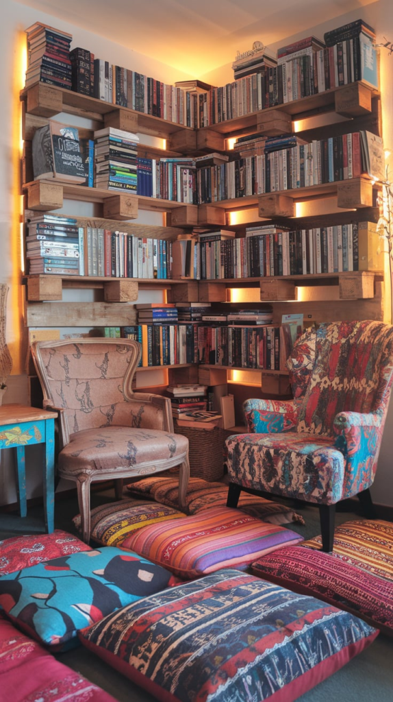 Cozy reading nook with bookshelves