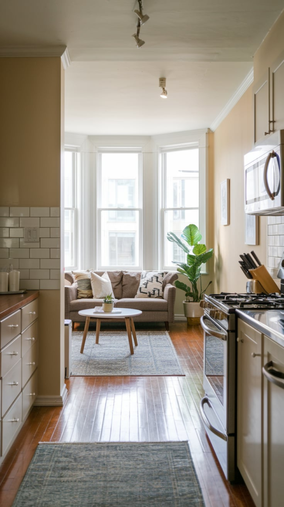 Farmhouse kitchen with open shelving and wooden table