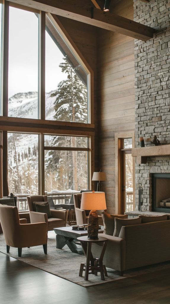 Rustic wood interior with exposed beams