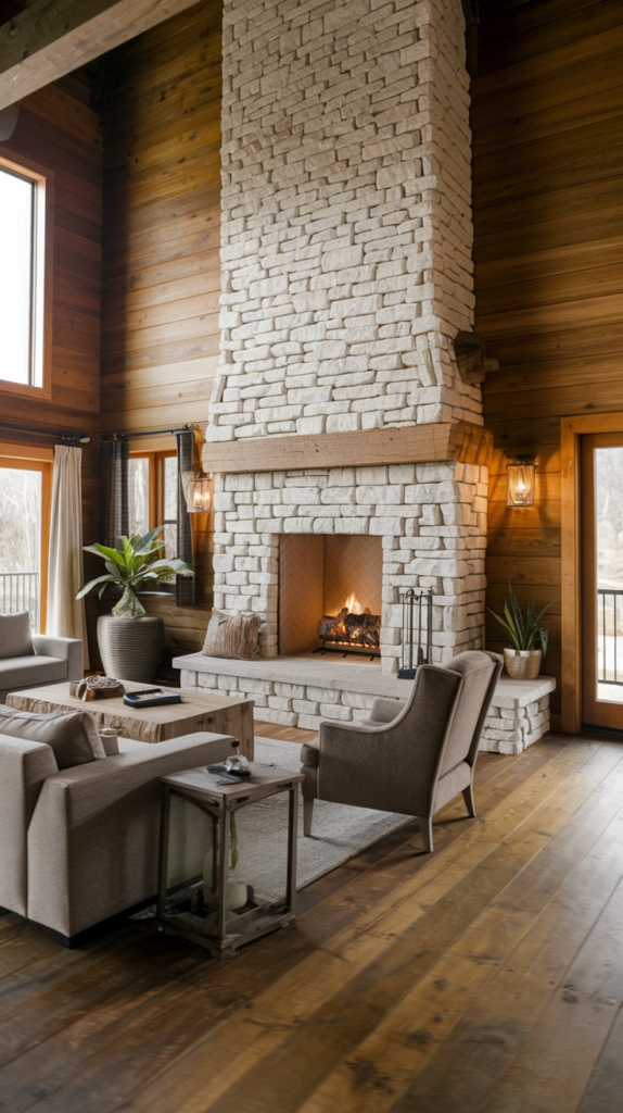 Stone fireplace in rustic living room