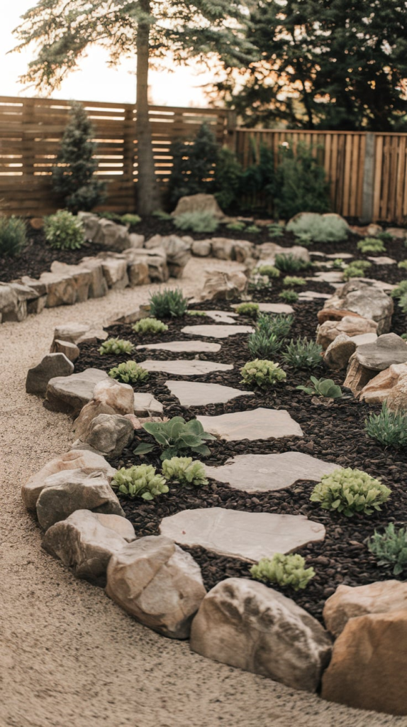 English garden with stone paths and flowers