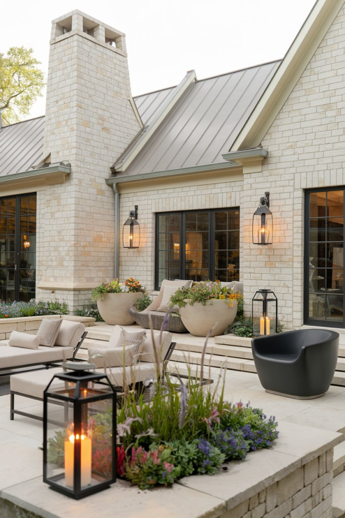Outdoor dining area with fire pit and string lights