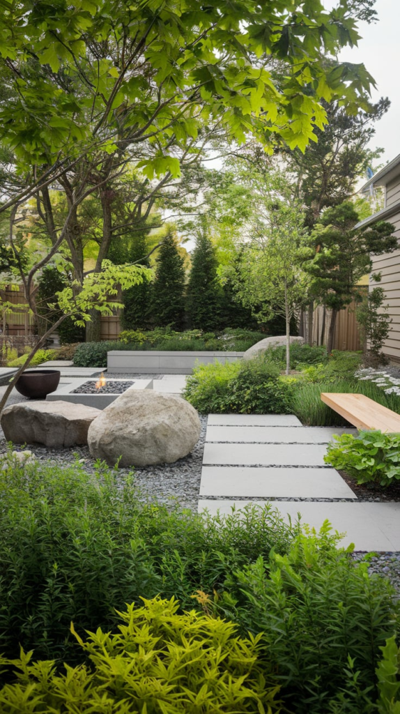 Hidden garden retreat with bench and flowers