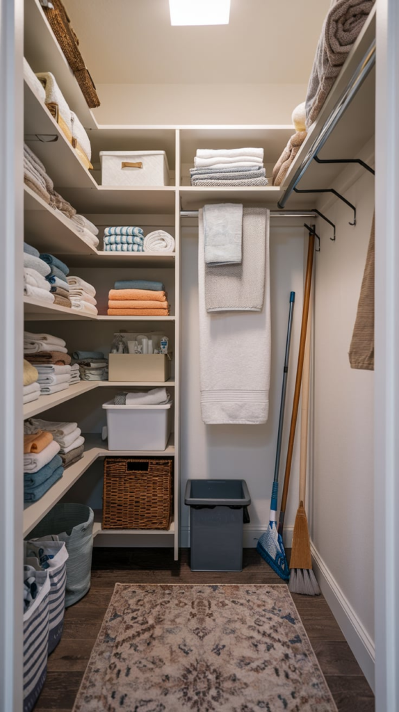 Rolled towels and sheets in linen closet