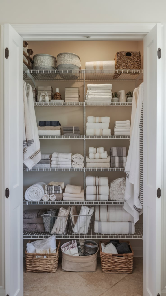 Labeled bins and shelves in linen closet
