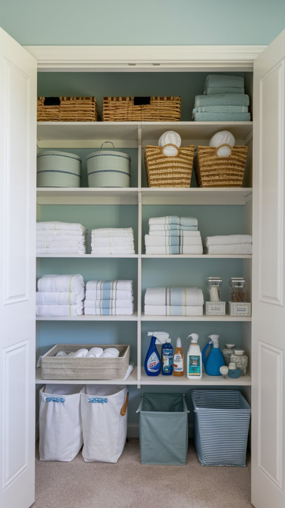 Woven baskets holding small linens
