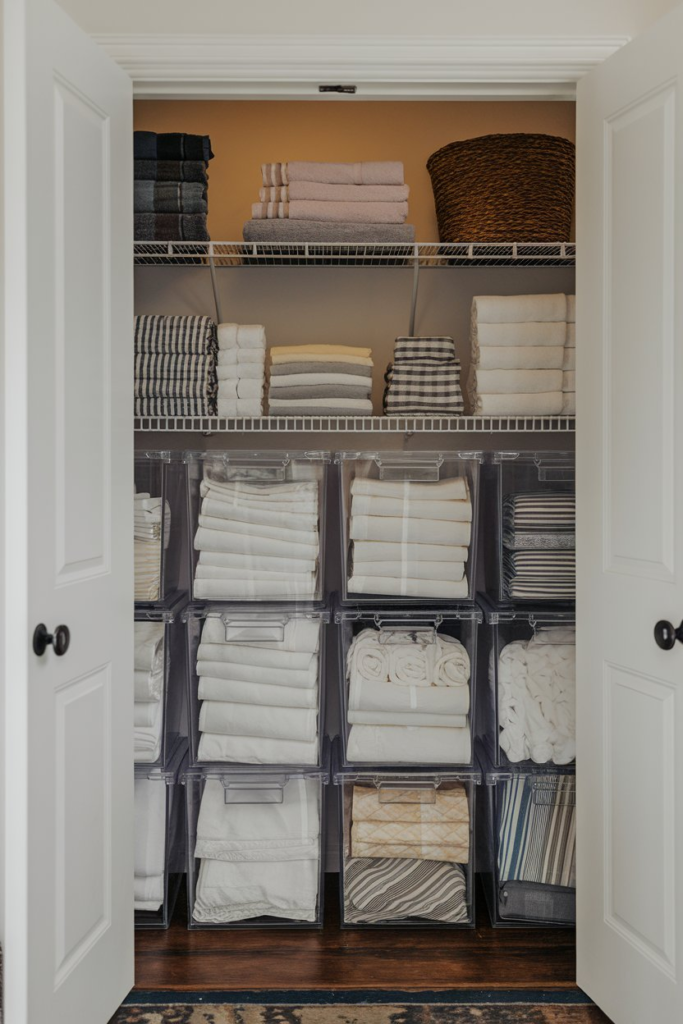 Foldable step stool in linen closet