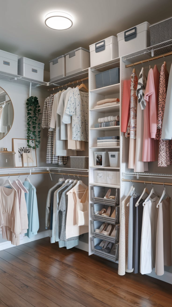 Tension rods organizing shoes and handbags