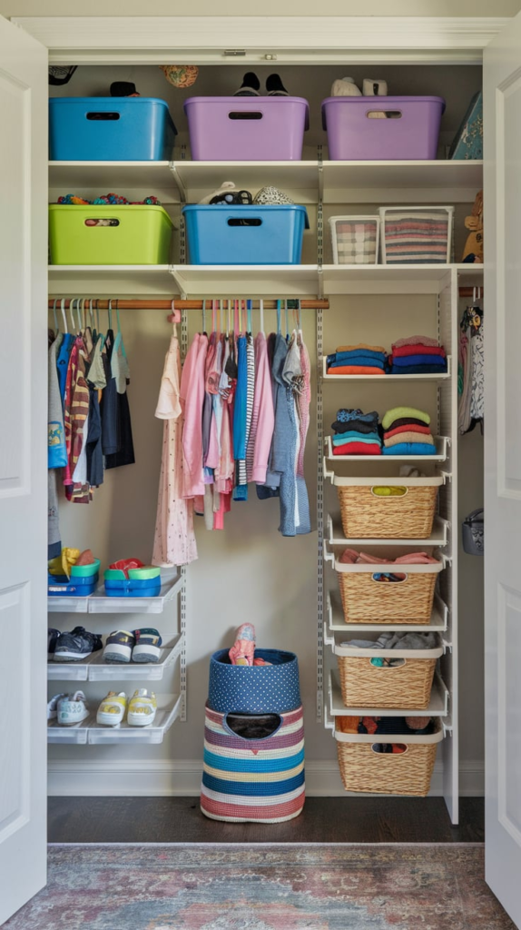 Baskets and bins in closet