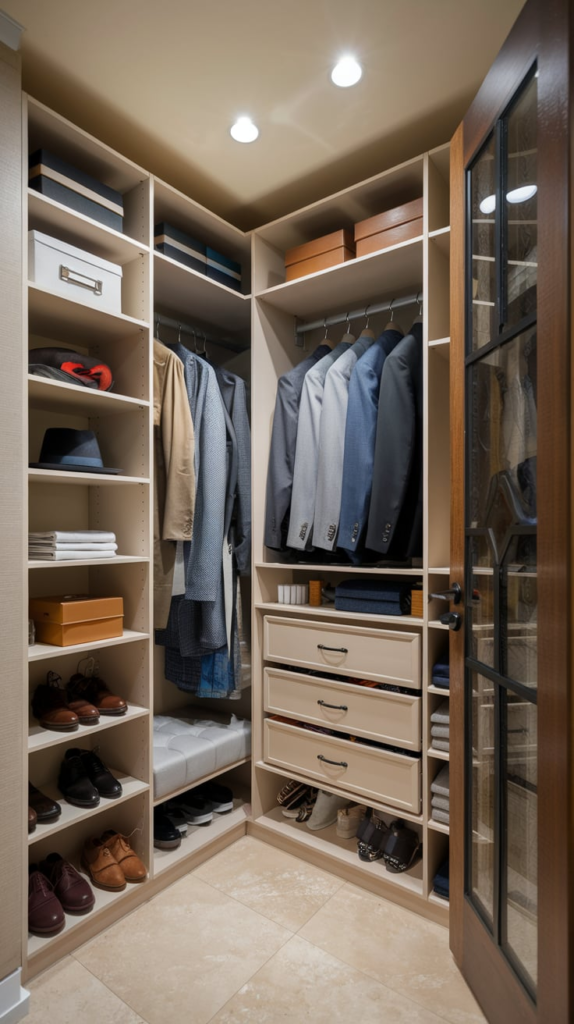 Bookshelf repurposed for closet storage