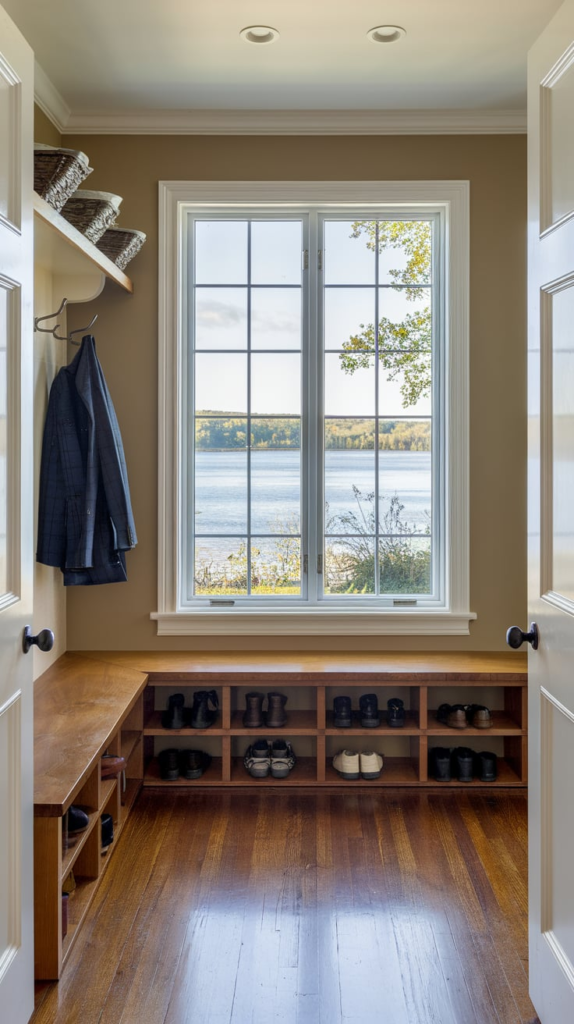 Floating shelves in entryway
