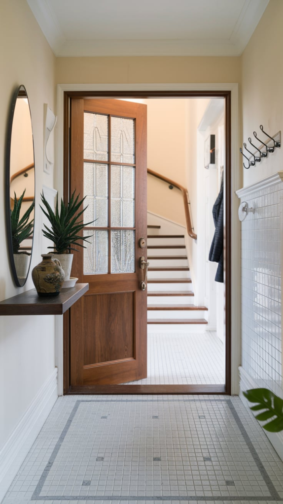 Classic white hall tree with wicker baskets