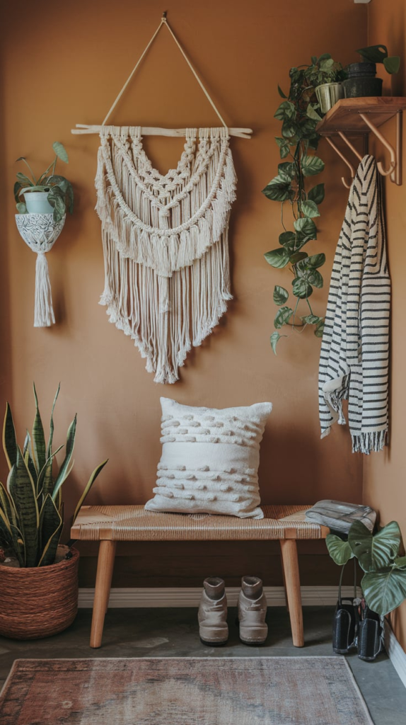 Coastal style hall tree with rattan baskets