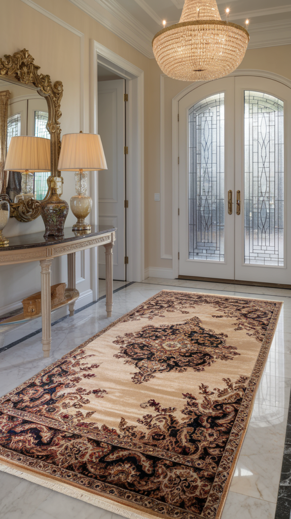 Wooden chandelier in rustic entryway