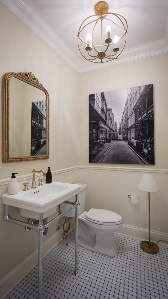 Powder room with bold color palette