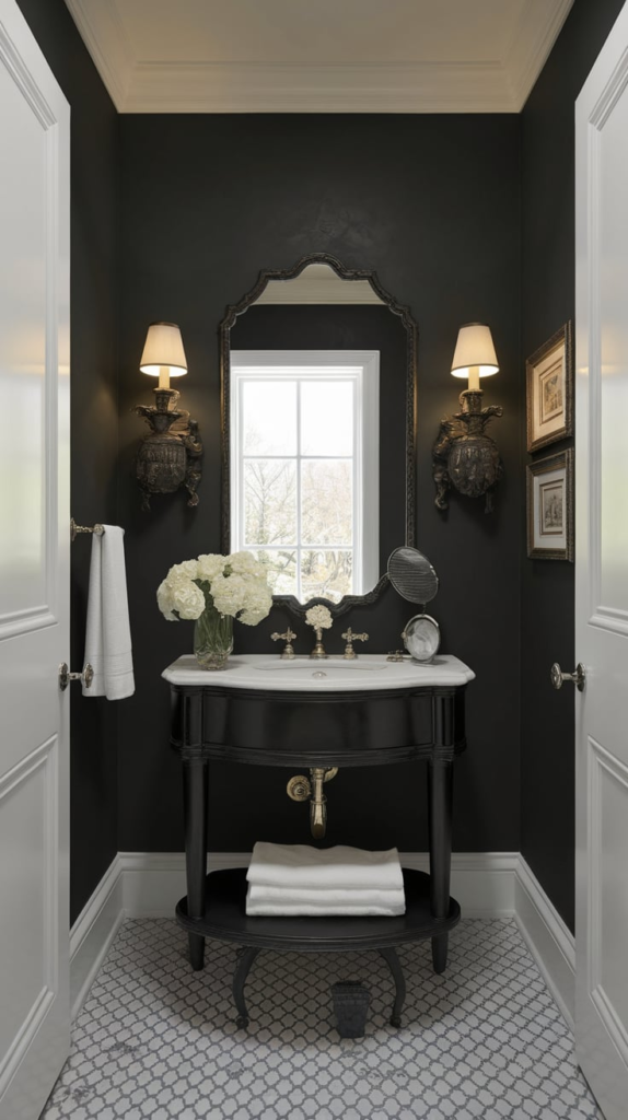 Dramatic lighting in powder room