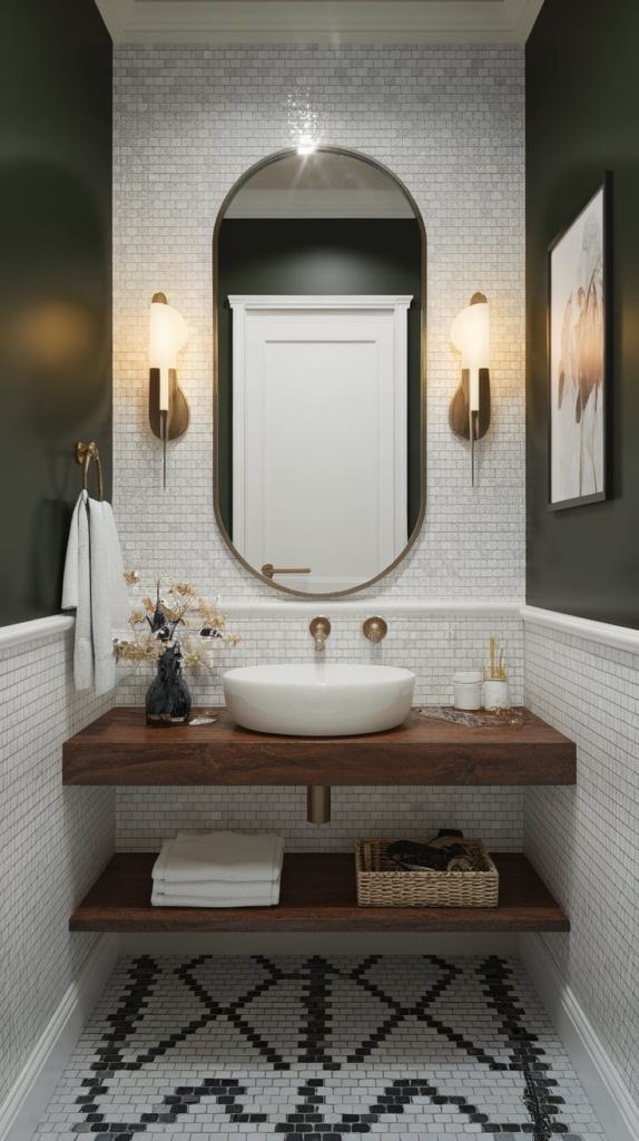 Unique shaped mirror in powder room