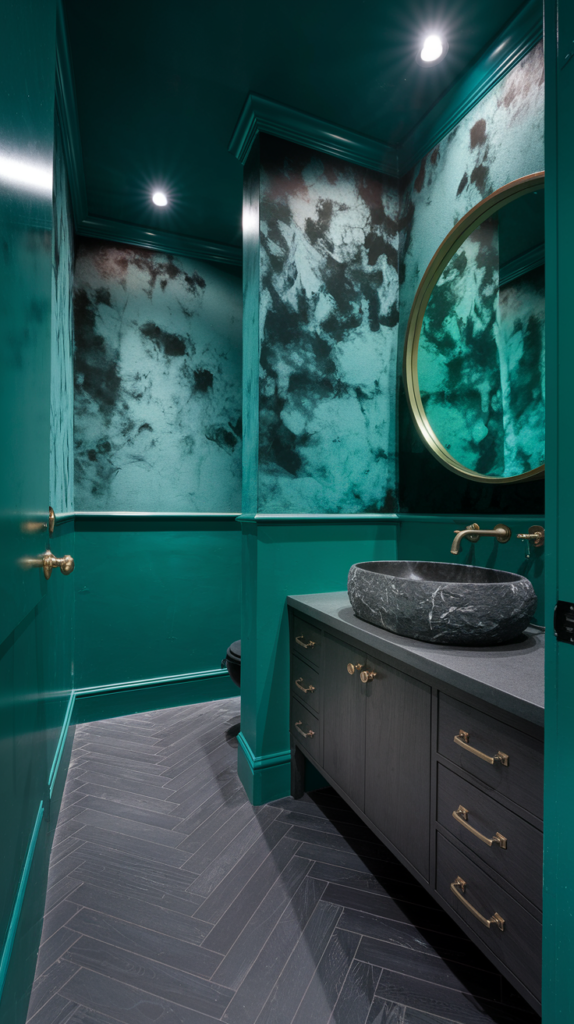 Eclectic pattern mix in powder room