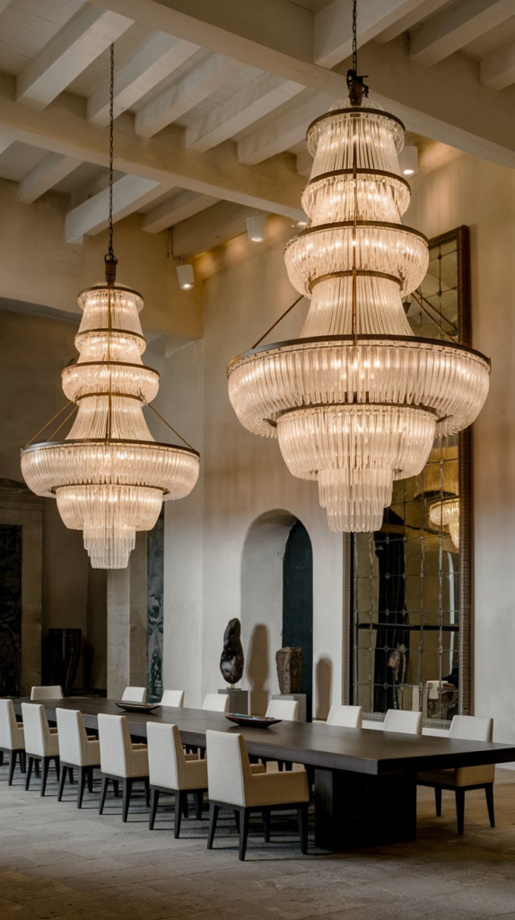 Linear suspension lighting over rectangular dining table