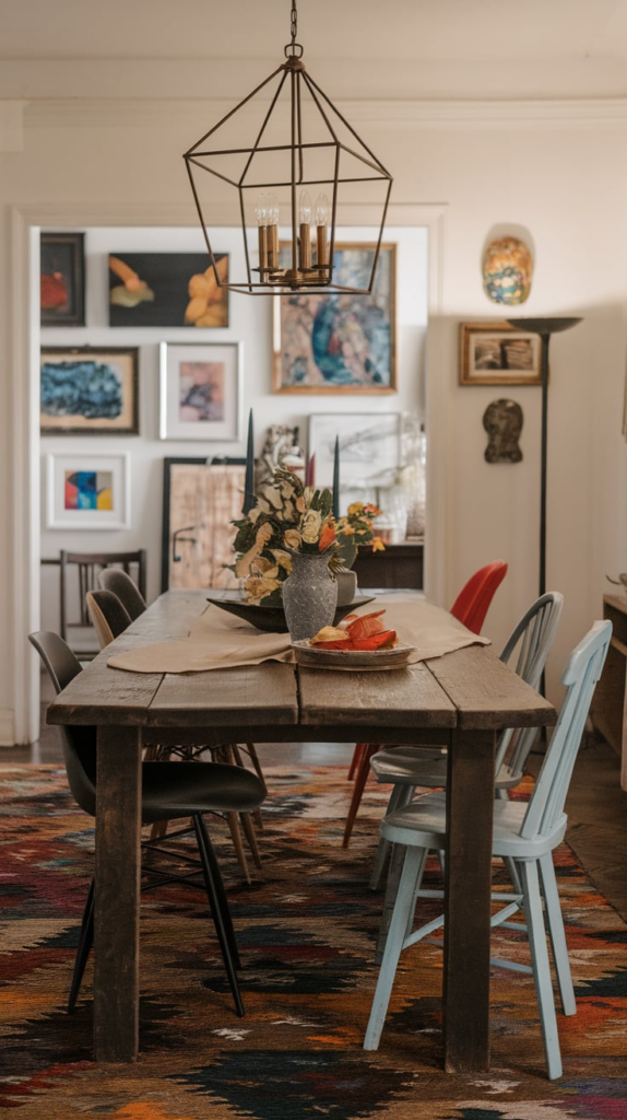 Dual pendant lights over long dining table