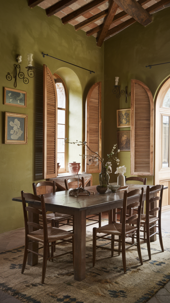 Olive green and terracotta dining room