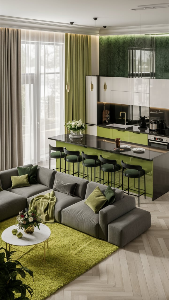 Lime green accents in dining room