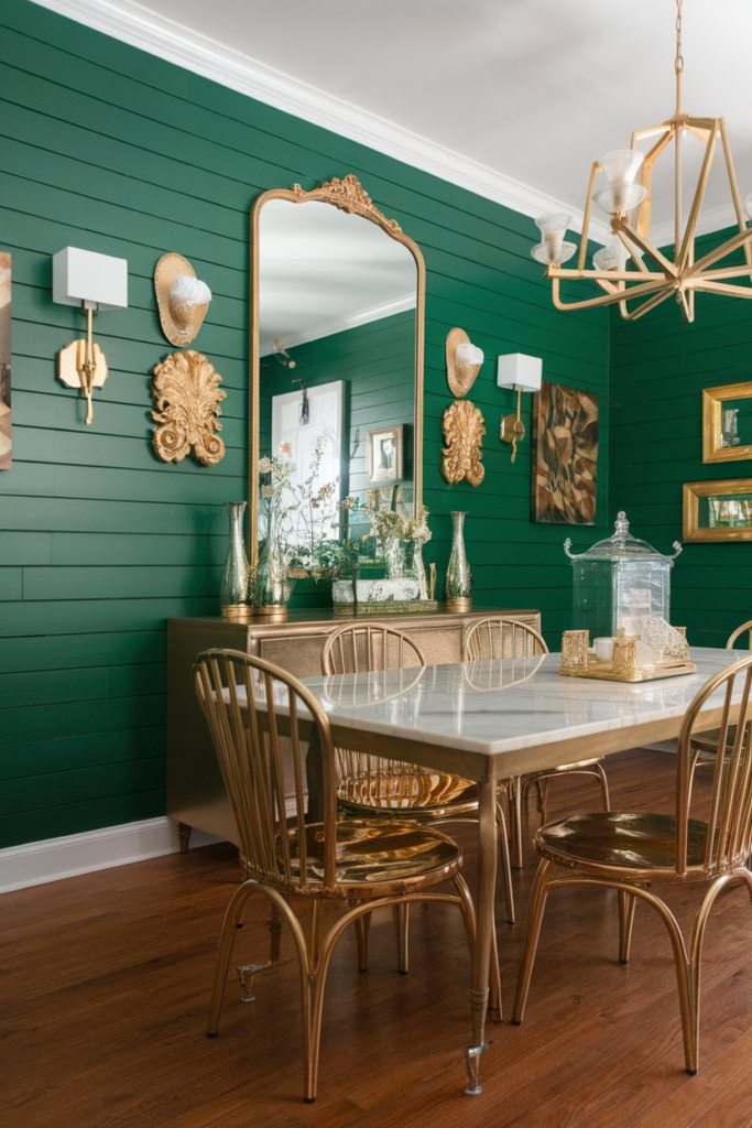 Green wallpaper in dining room