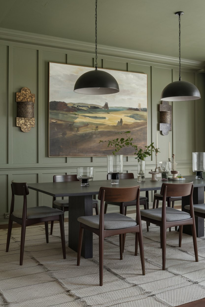 Green curtains in dining room