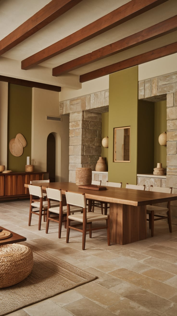 Green tile accents in dining room