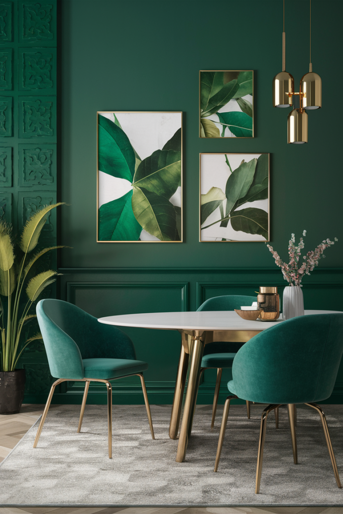 Rustic dining room with forest green and dark wood