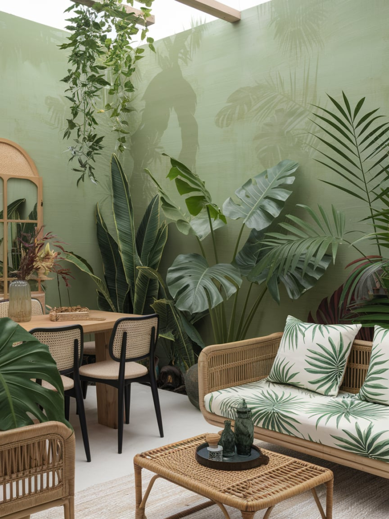 Tropical green dining room with rattan chairs