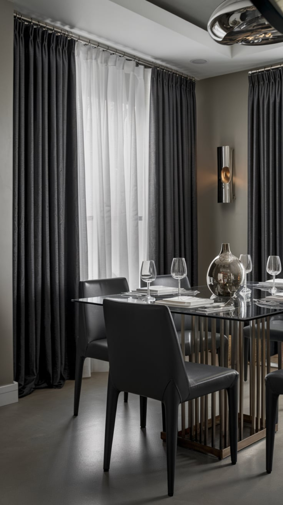 Dark painted ceiling in dining room