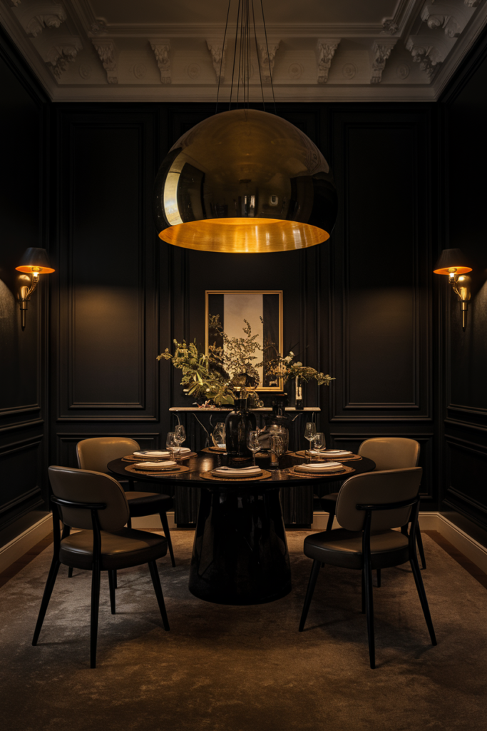 Sculptural light fixtures in dining room