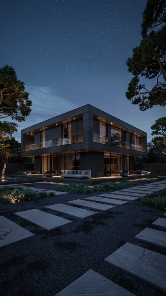 Glass panels framed with black metal and cedar