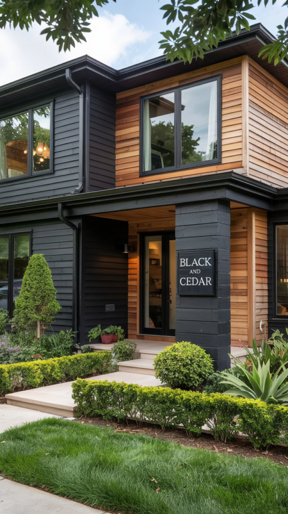Cabin style black and cedar house