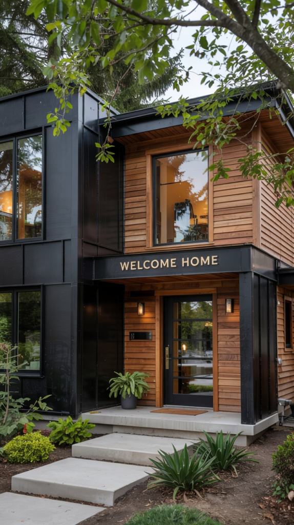 Flat roof black house with cedar trim