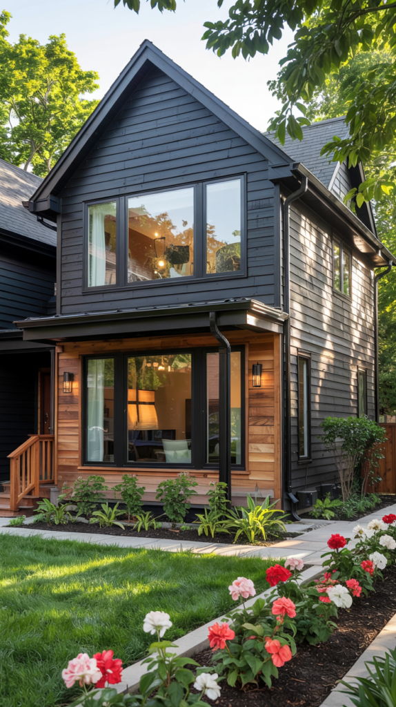 Cedar framed entryway on black house