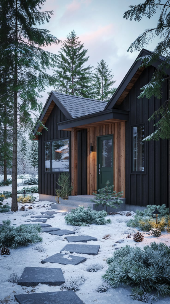 Two-tone black and cedar house exterior