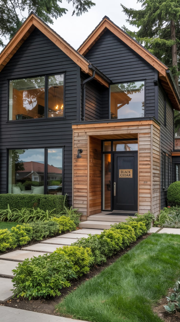 Black metal roof with cedar siding