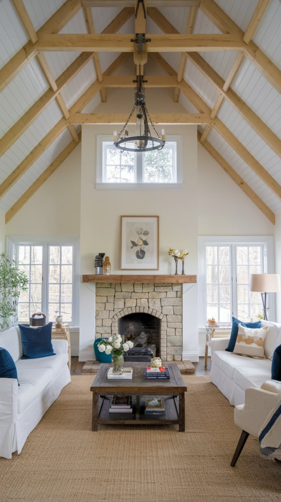 Cozy textiles in cottage interior