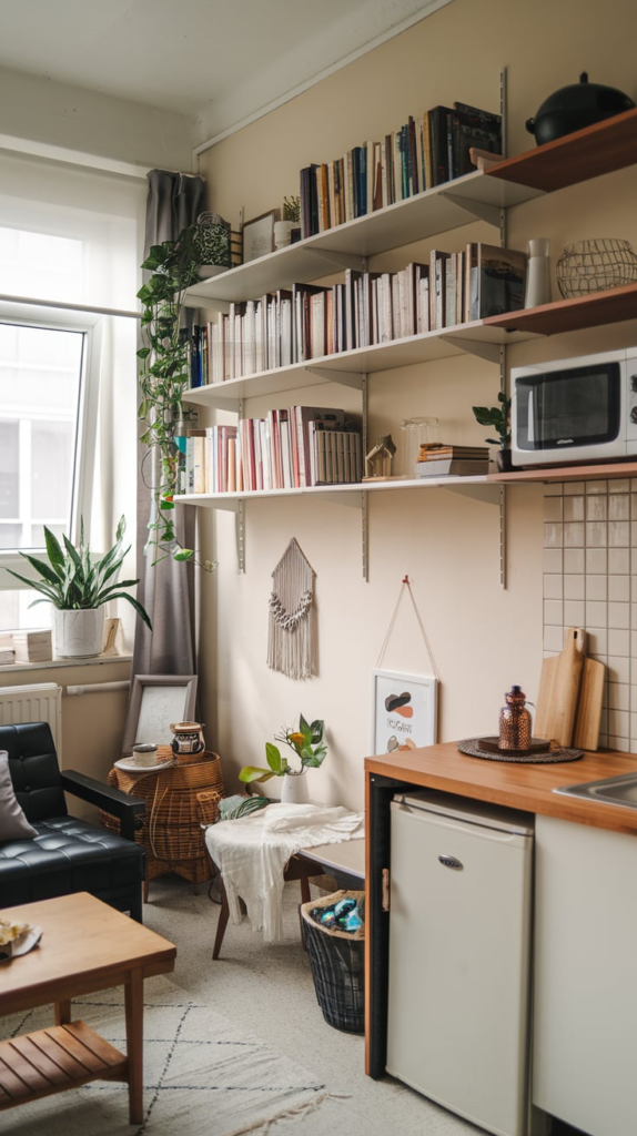 Wall-mounted shelves in apartment