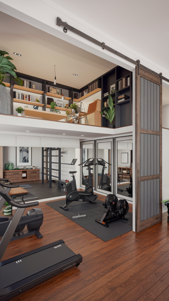 Lounge area with resistance bands and dumbbells