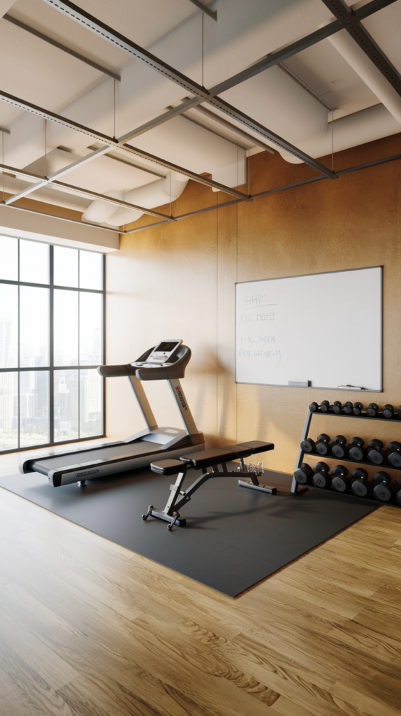 Wall-mounted desk with fold-out workout bench