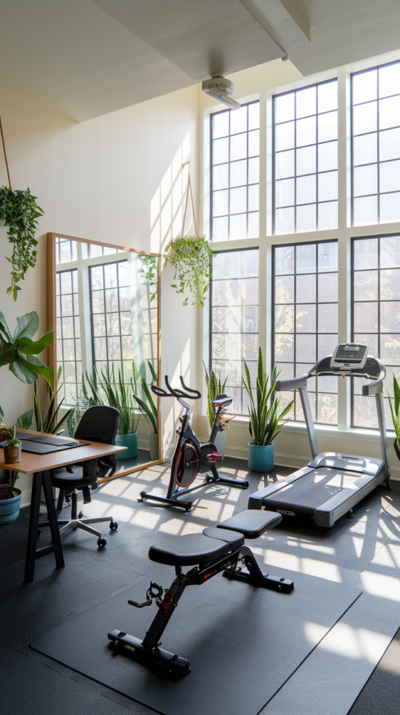 Compact gym corner with adjustable desk