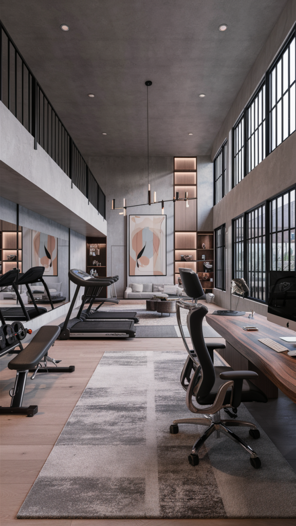 Home gym with desk nook